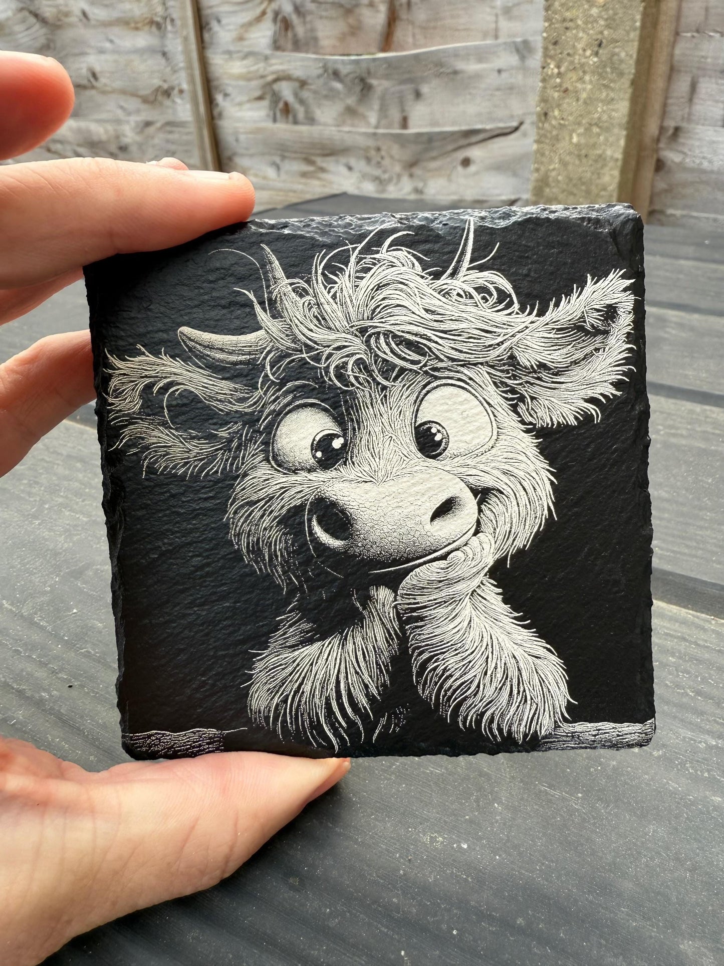 New Engraved "Highland Cow" Welsh Slate Drinks Coaster - Functional and personal for all cow lovers as a gift or a treat!