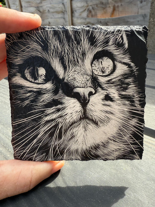 New Engraved "Cat" Welsh Slate Drinks Coaster - Functional and personal for all cat lovers as a gift or a treat!