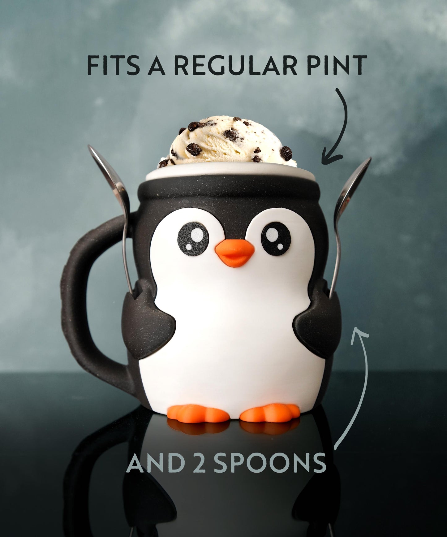 Pebbles the Penguin Ice Cream Pint Holder | Eco Friendly 3D Printed Pint Cozy with Spoon Slots | Cute Penguin Gift for Ice Cream Lovers