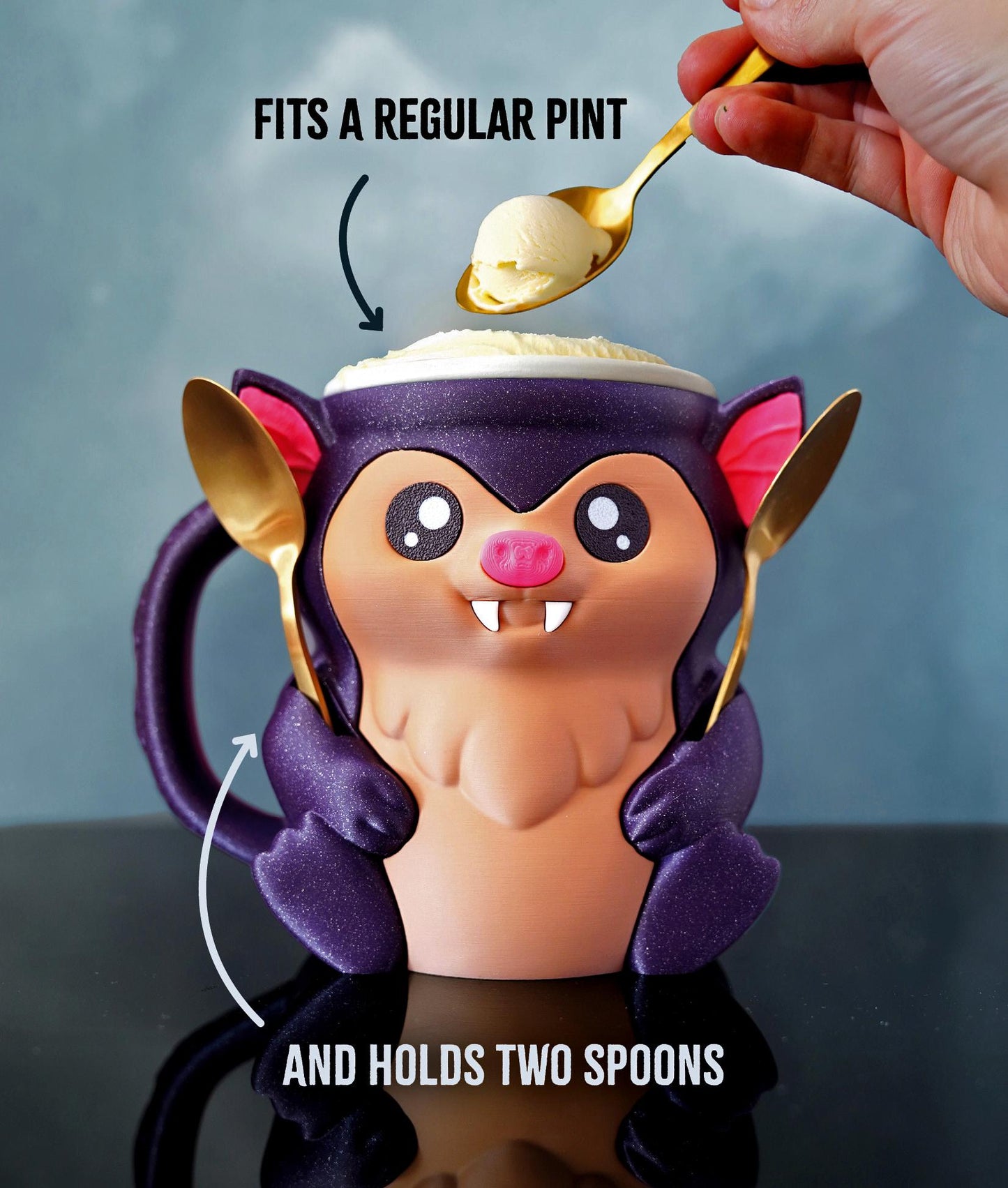Bramble the Bat Ice Cream Pint Holder | Eco Friendly 3D Printed Pint Cozy with Spoon Slots | Cute Bat Gift for Ice Cream Lovers