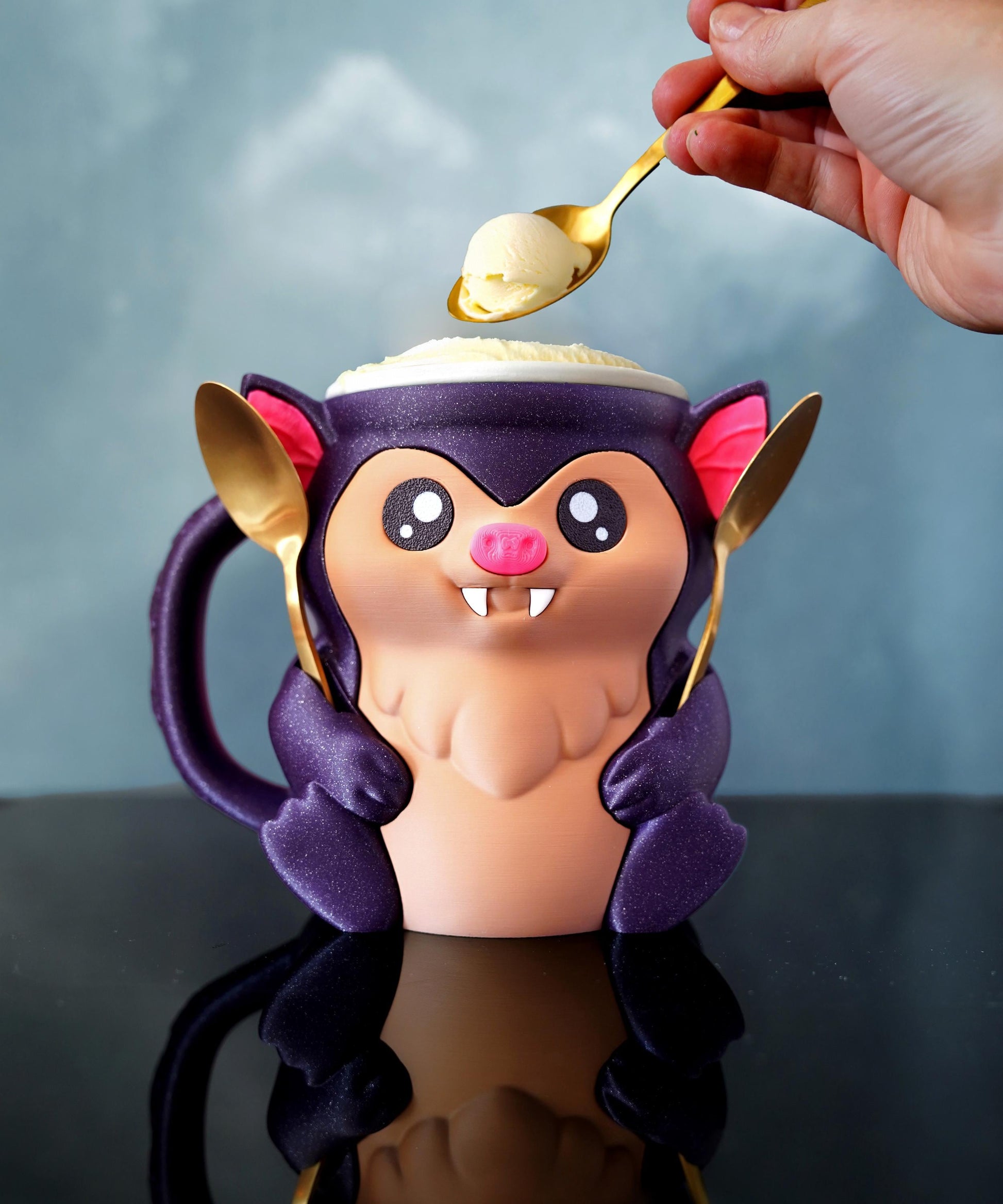Bramble the Bat Ice Cream Pint Holder | Eco Friendly 3D Printed Pint Cozy with Spoon Slots | Cute Bat Gift for Ice Cream Lovers