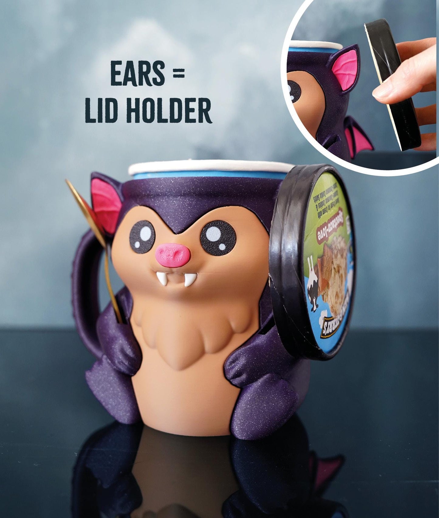 Bramble the Bat Ice Cream Pint Holder | Eco Friendly 3D Printed Pint Cozy with Spoon Slots | Cute Bat Gift for Ice Cream Lovers
