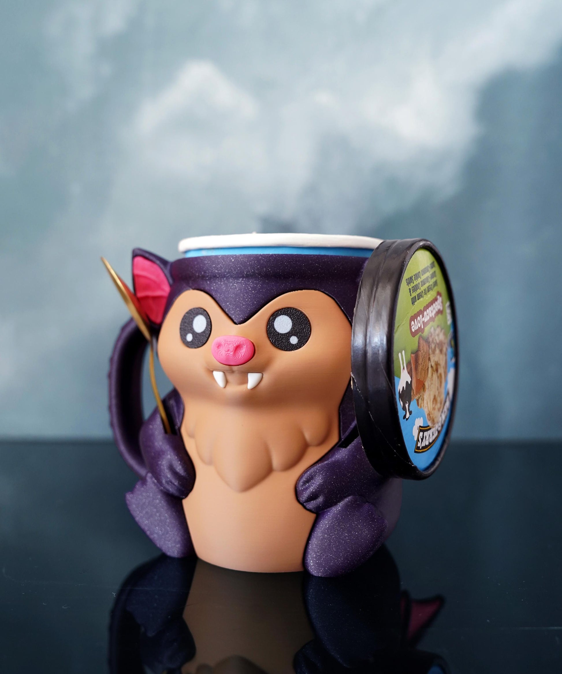 Bramble the Bat Ice Cream Pint Holder | Eco Friendly 3D Printed Pint Cozy with Spoon Slots | Cute Bat Gift for Ice Cream Lovers