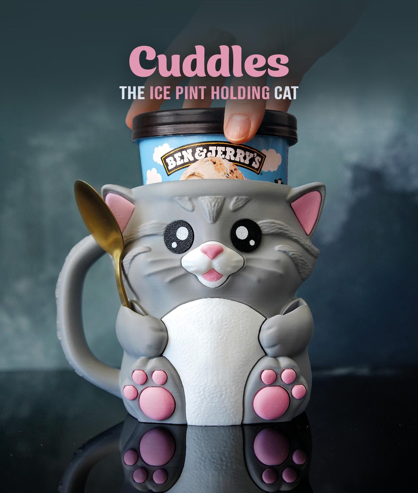 Cuddies the Cat Ice Cream Pint Holder | Eco Friendly 3D Printed Pint Cozy with Spoon Slots | Cute Cat Gift for Ice Cream Lovers