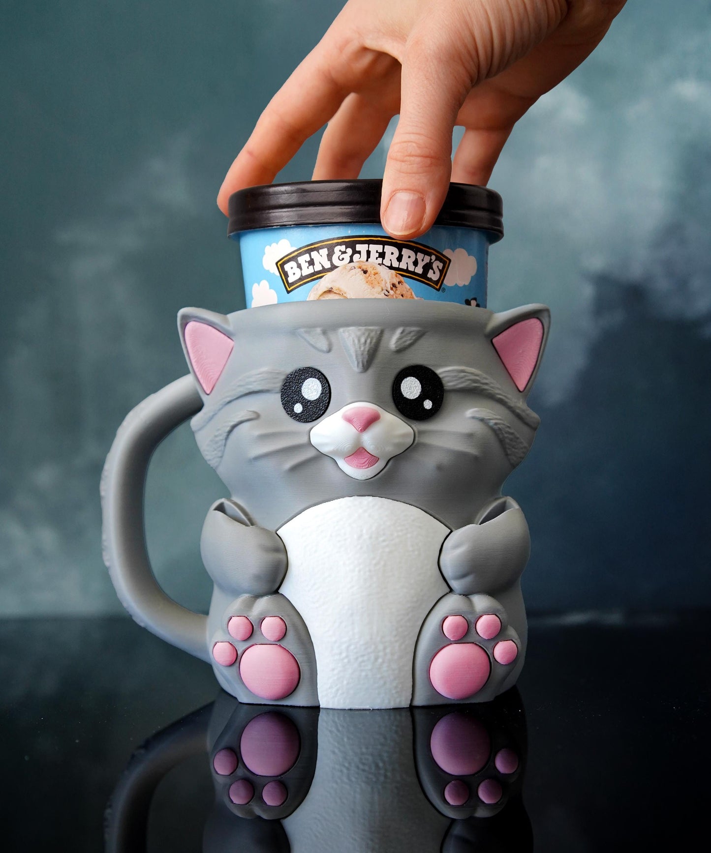 Cuddies the Cat Ice Cream Pint Holder | Eco Friendly 3D Printed Pint Cozy with Spoon Slots | Cute Cat Gift for Ice Cream Lovers