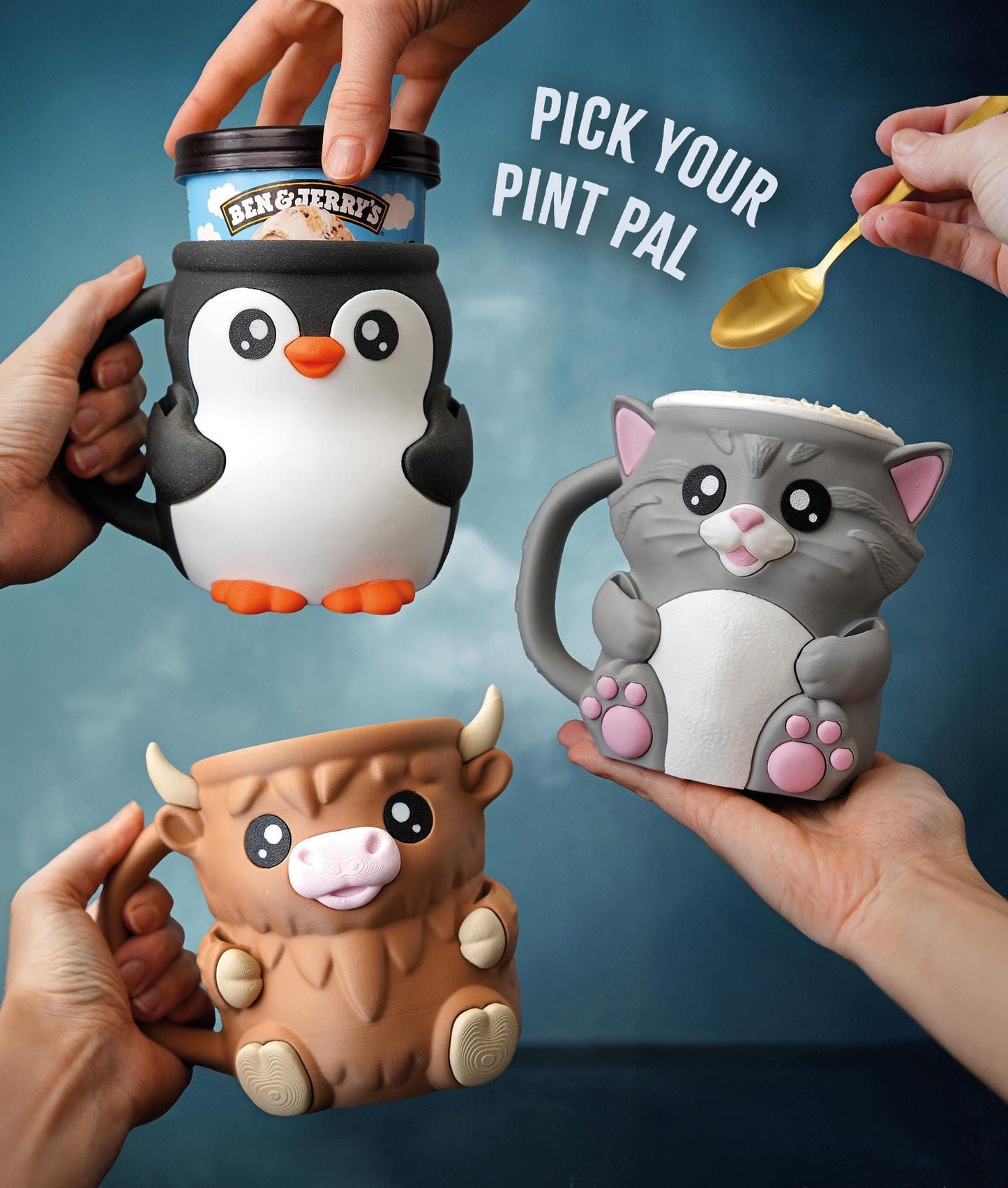 Cuddies the Cat Ice Cream Pint Holder | Eco Friendly 3D Printed Pint Cozy with Spoon Slots | Cute Cat Gift for Ice Cream Lovers