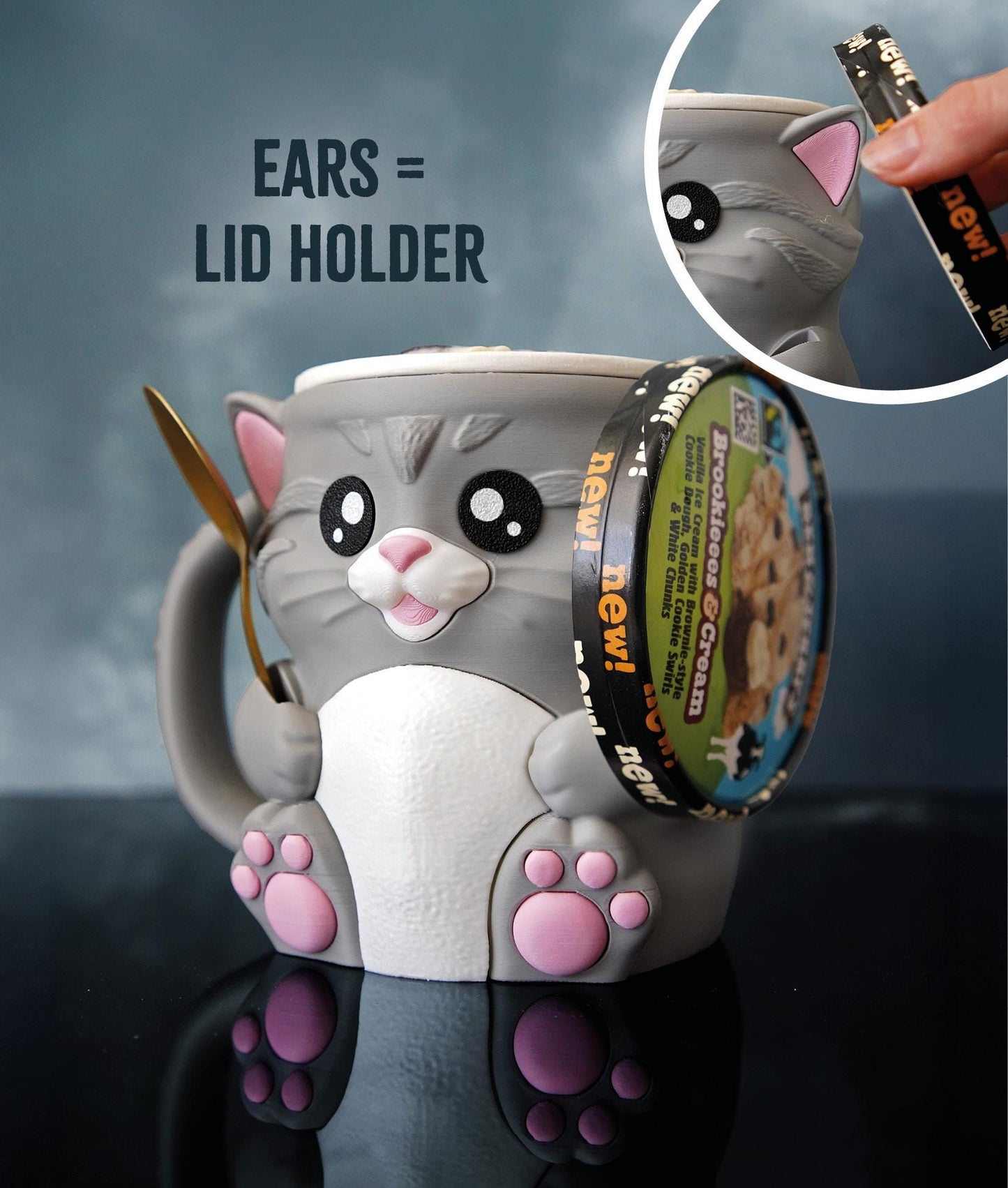 Cuddies the Cat Ice Cream Pint Holder | Eco Friendly 3D Printed Pint Cozy with Spoon Slots | Cute Cat Gift for Ice Cream Lovers
