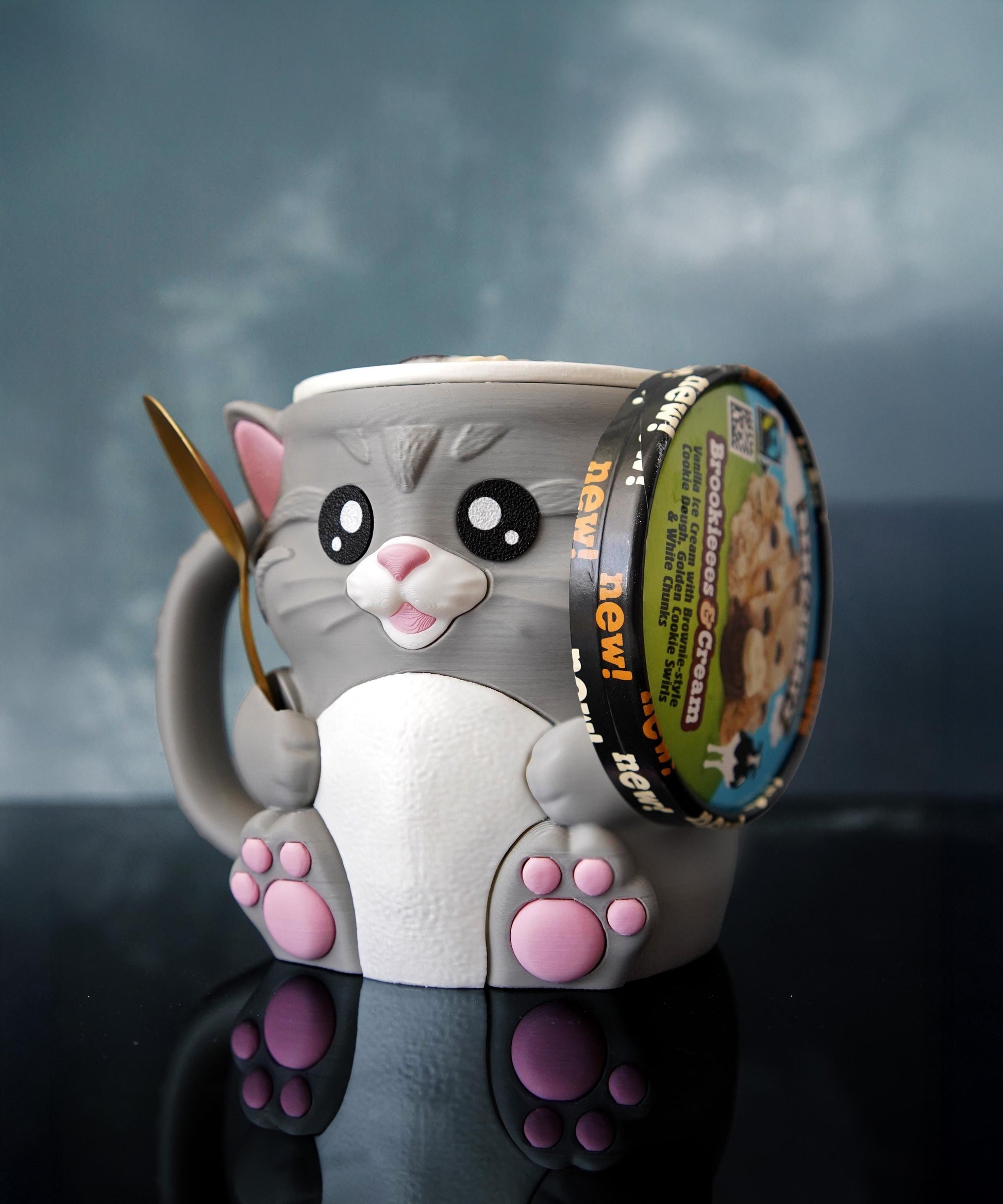 Cuddies the Cat Ice Cream Pint Holder | Eco Friendly 3D Printed Pint Cozy with Spoon Slots | Cute Cat Gift for Ice Cream Lovers
