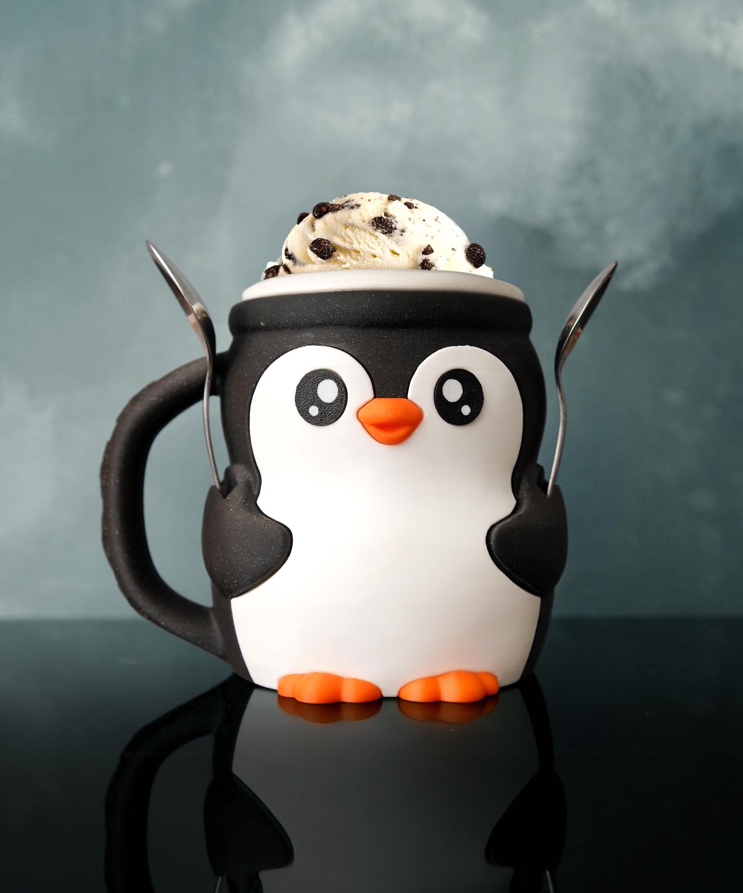 Pebbles the Penguin Ice Cream Pint Holder | Eco Friendly 3D Printed Pint Cozy with Spoon Slots | Cute Penguin Gift for Ice Cream Lovers