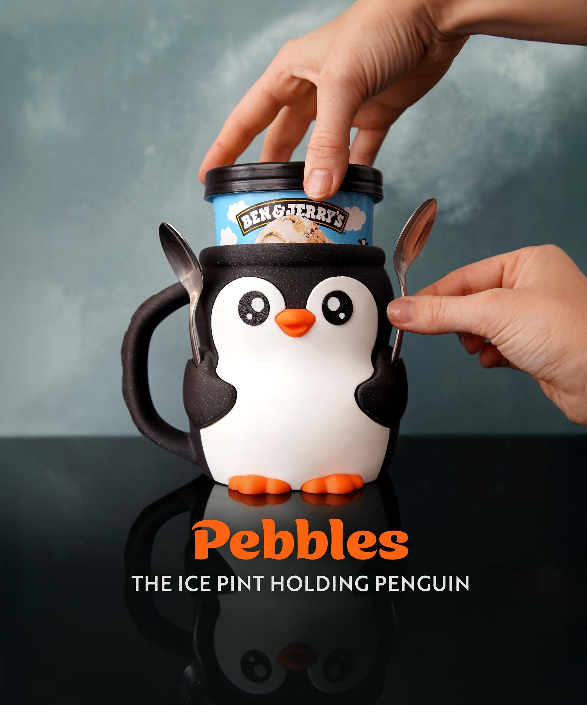 Pebbles the Penguin Ice Cream Pint Holder | Eco Friendly 3D Printed Pint Cozy with Spoon Slots | Cute Penguin Gift for Ice Cream Lovers