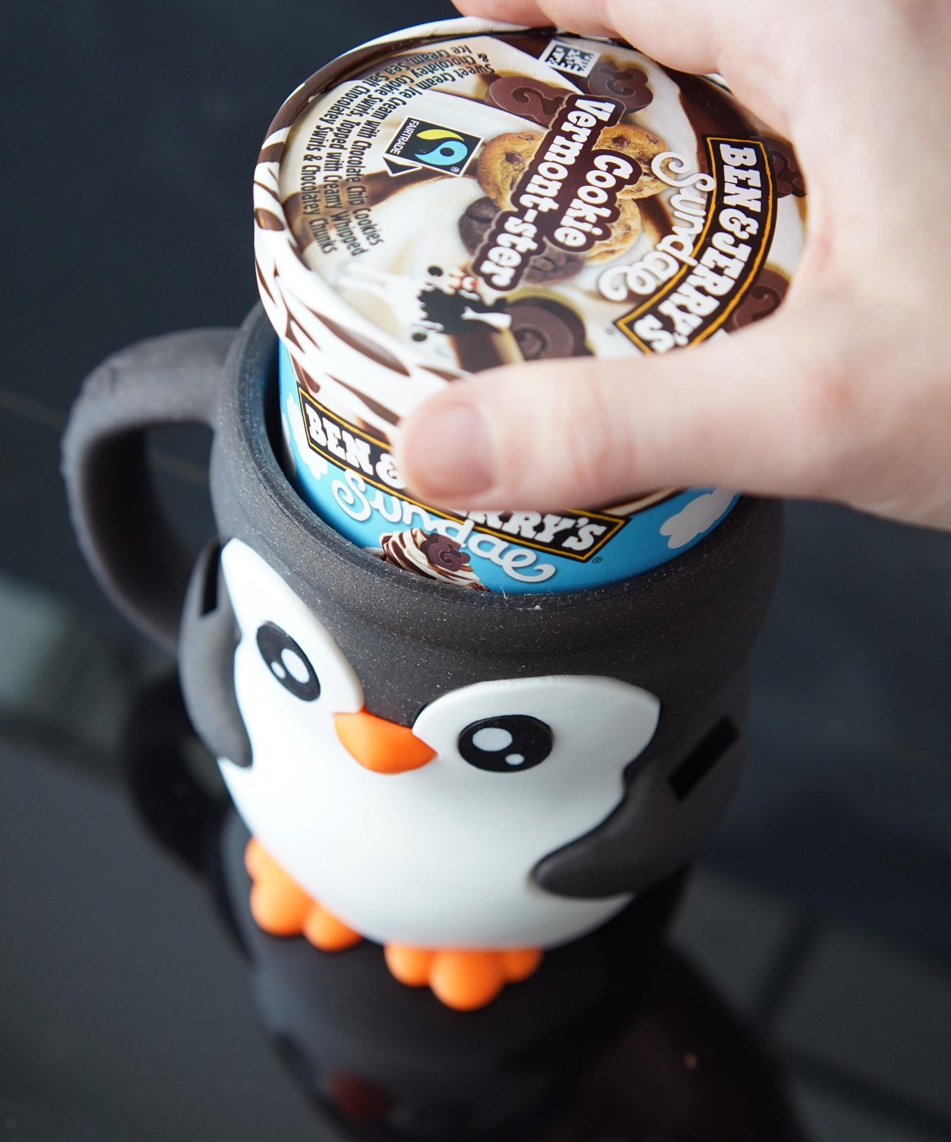 Pebbles the Penguin Ice Cream Pint Holder | Eco Friendly 3D Printed Pint Cozy with Spoon Slots | Cute Penguin Gift for Ice Cream Lovers