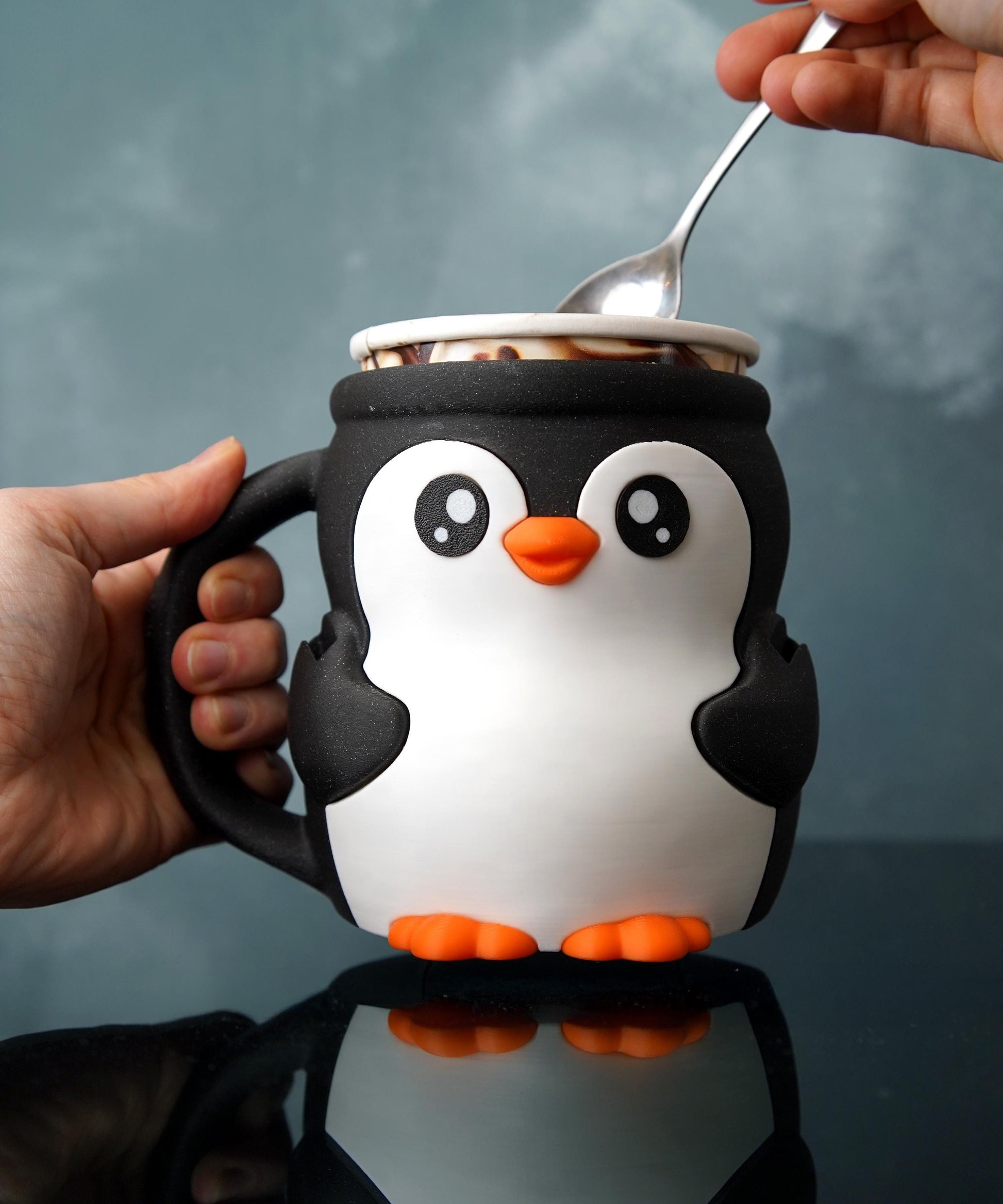 Pebbles the Penguin Ice Cream Pint Holder | Eco Friendly 3D Printed Pint Cozy with Spoon Slots | Cute Penguin Gift for Ice Cream Lovers