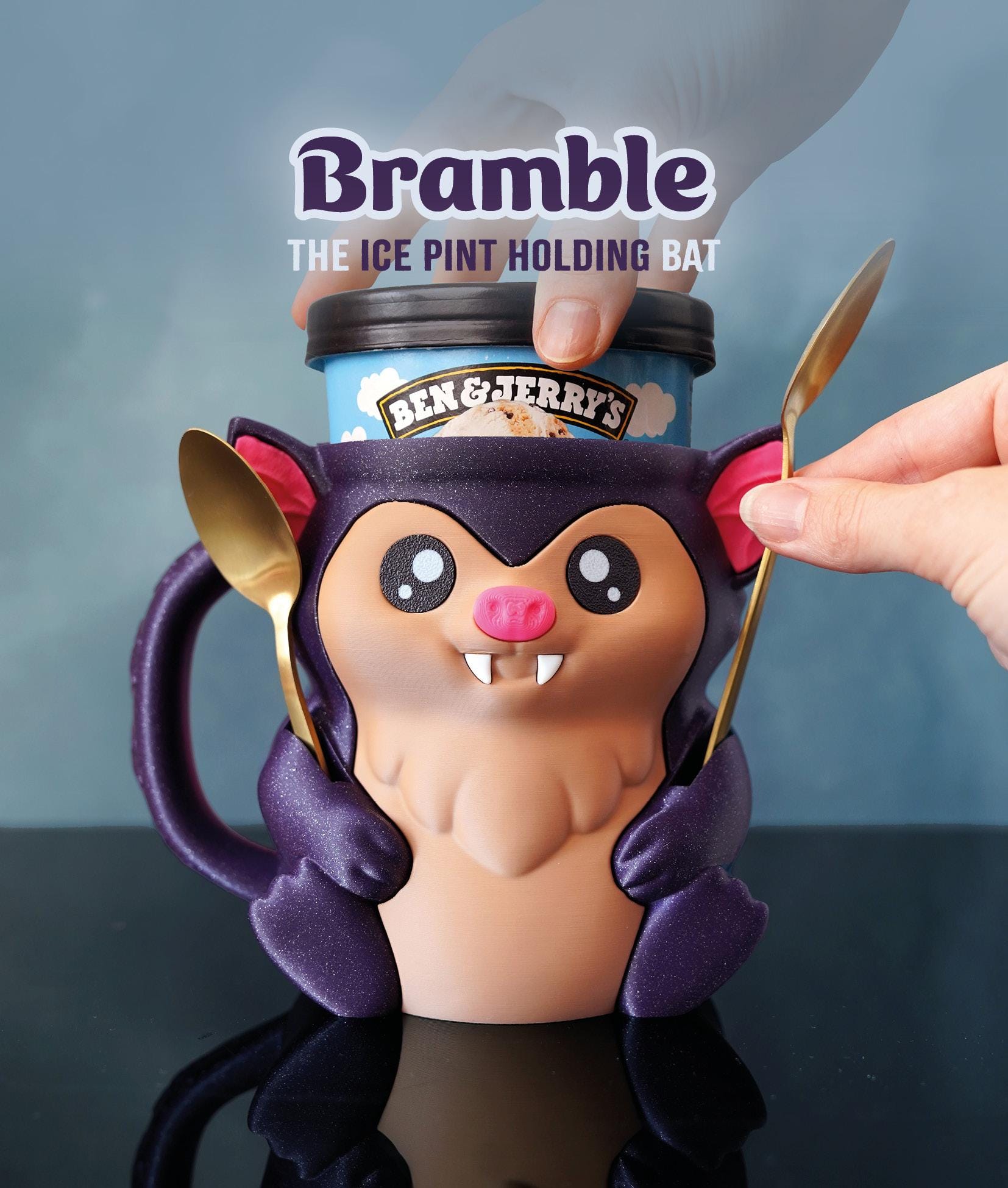 Bramble the Bat Ice Cream Pint Holder | Eco Friendly 3D Printed Pint Cozy with Spoon Slots | Cute Bat Gift for Ice Cream Lovers