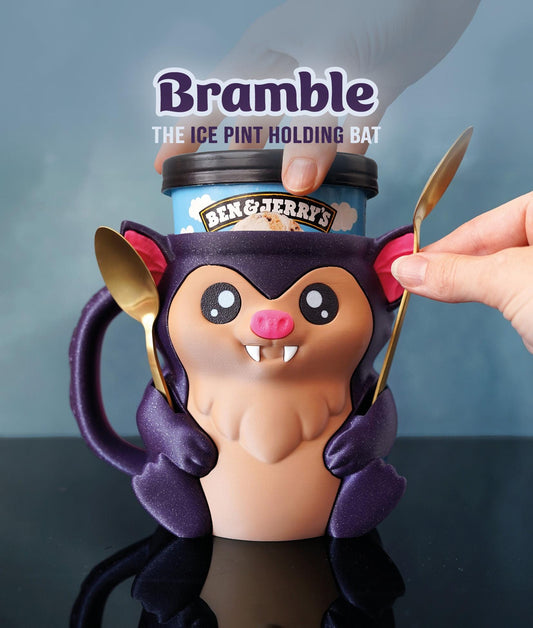 Bramble the Bat Ice Cream Pint Holder | Eco Friendly 3D Printed Pint Cozy with Spoon Slots | Cute Bat Gift for Ice Cream Lovers