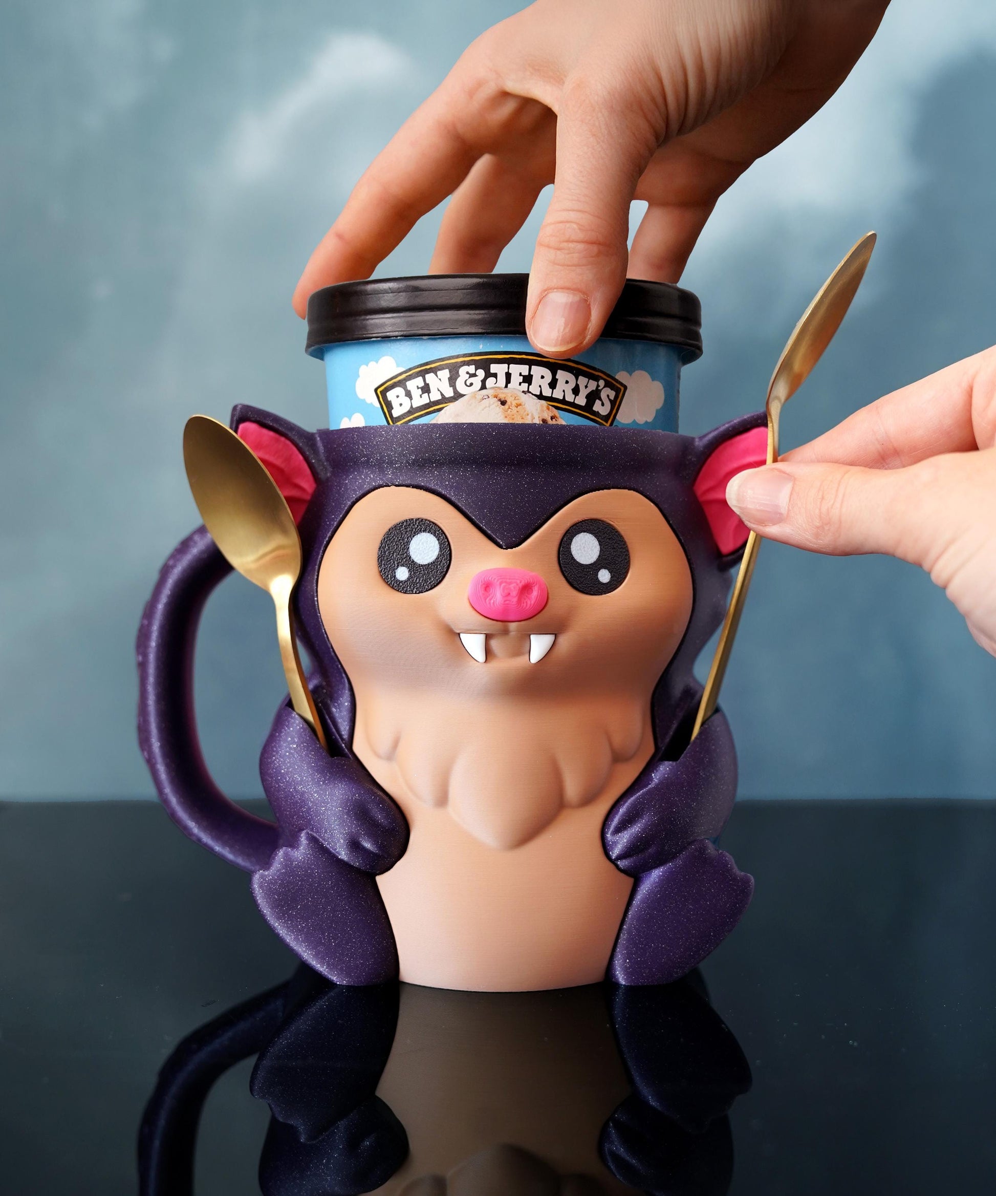 Bramble the Bat Ice Cream Pint Holder | Eco Friendly 3D Printed Pint Cozy with Spoon Slots | Cute Bat Gift for Ice Cream Lovers