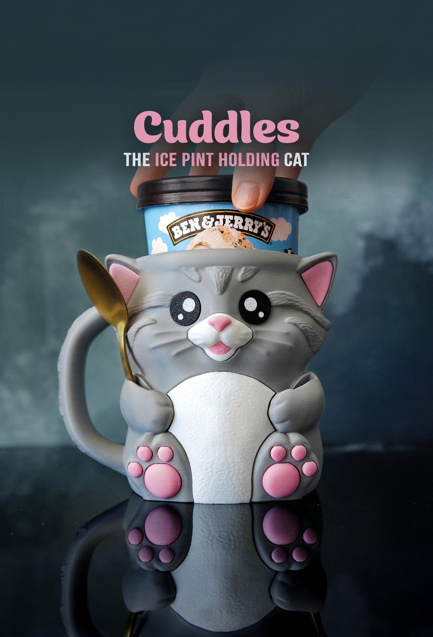 Cuddies the Cat Ice Cream Pint Holder | Eco Friendly 3D Printed Pint Cozy with Spoon Slots | Cute Cat Gift for Ice Cream Lovers