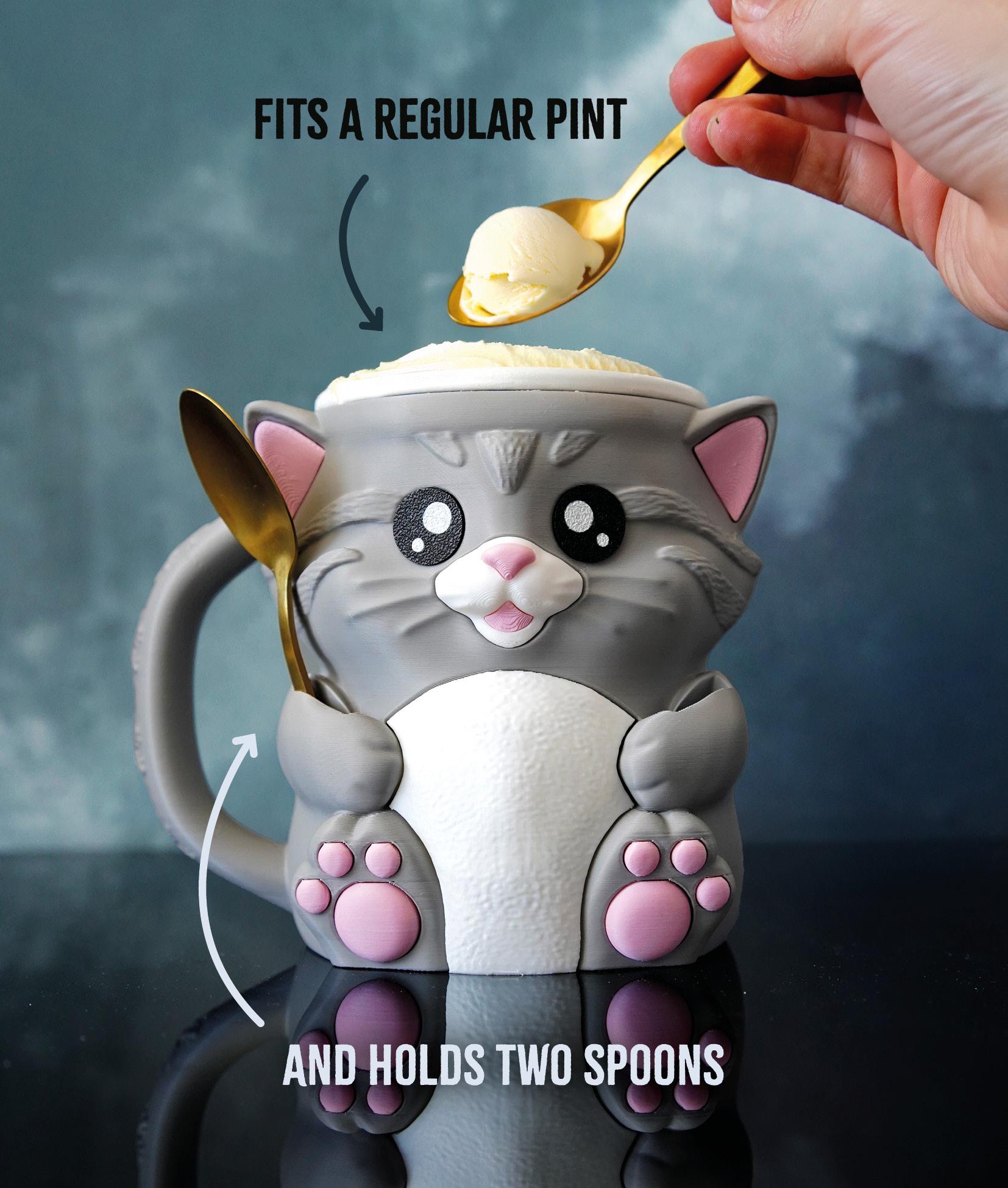 Cuddies the Cat Ice Cream Pint Holder | Eco Friendly 3D Printed Pint Cozy with Spoon Slots | Cute Cat Gift for Ice Cream Lovers
