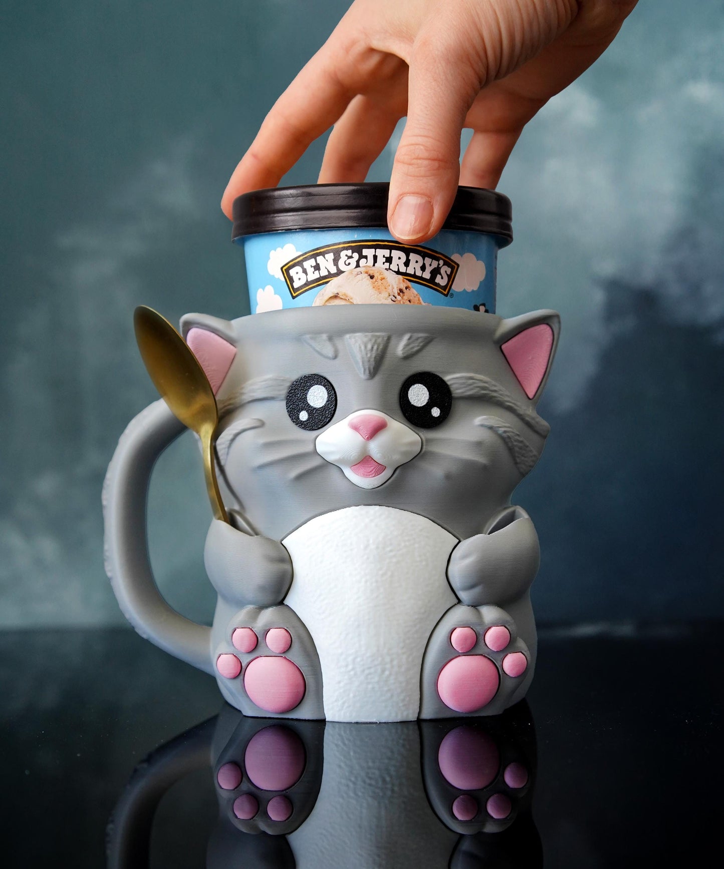 Cuddies the Cat Ice Cream Pint Holder | Eco Friendly 3D Printed Pint Cozy with Spoon Slots | Cute Cat Gift for Ice Cream Lovers