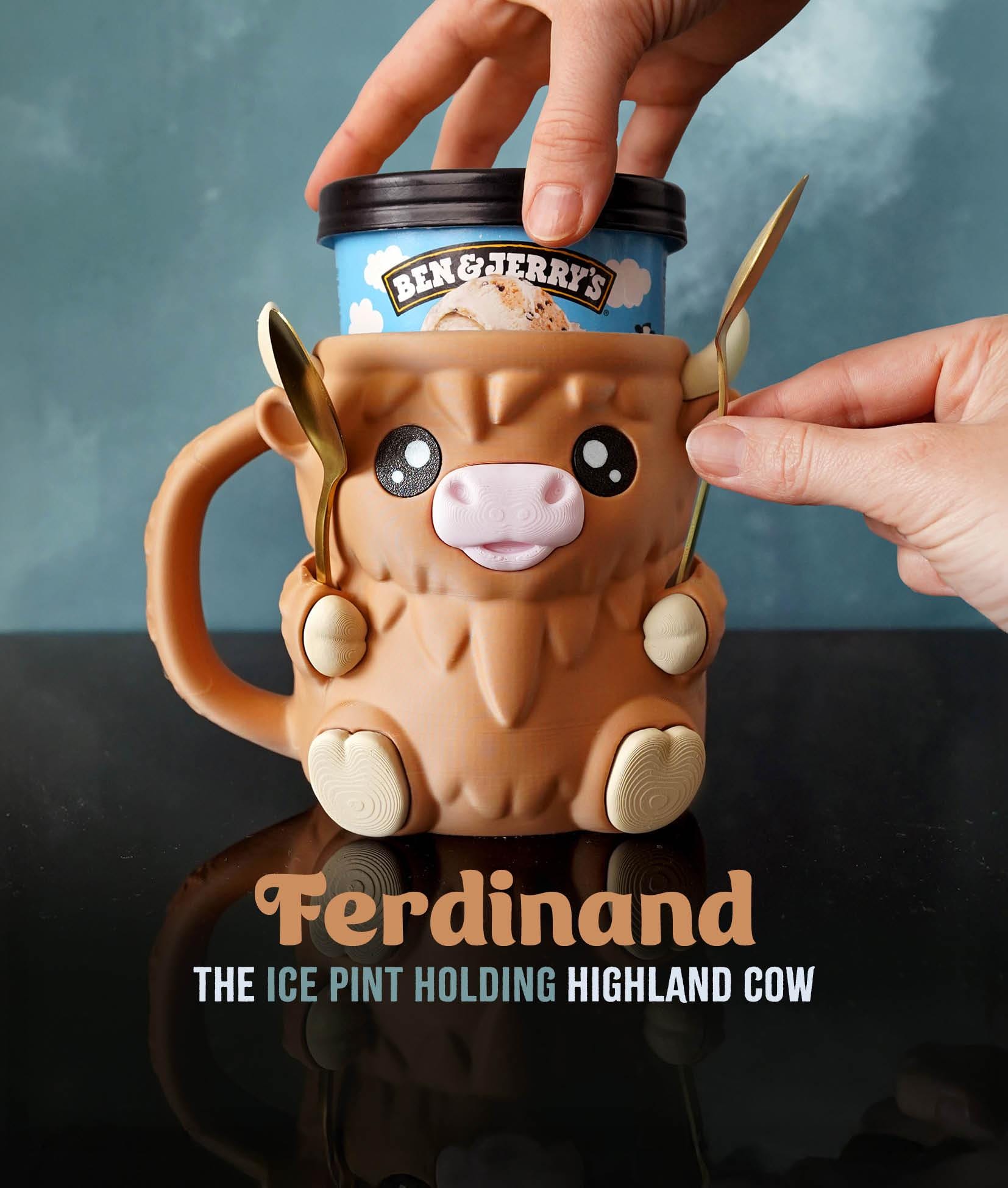 Ferdinand, the Highland Cow Ice Cream Pint Holder | Eco Friendly 3D Printed Pint Cozy Cute Gift for Ice Cream Lovers Pick your color combo
