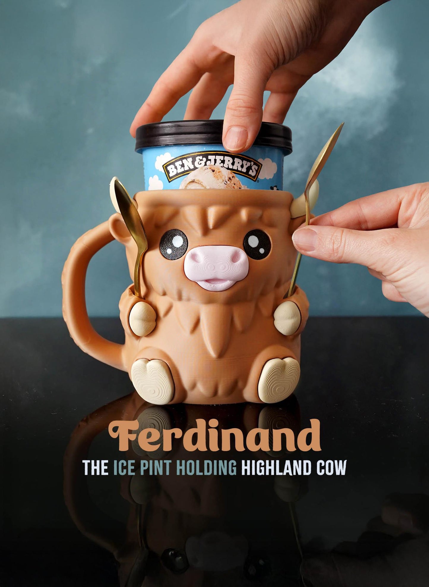 Ferdinand, the Highland Cow Ice Cream Pint Holder | Eco Friendly 3D Printed Pint Cozy with Spoon Slots | Cute Cat Gift for Ice Cream Lovers