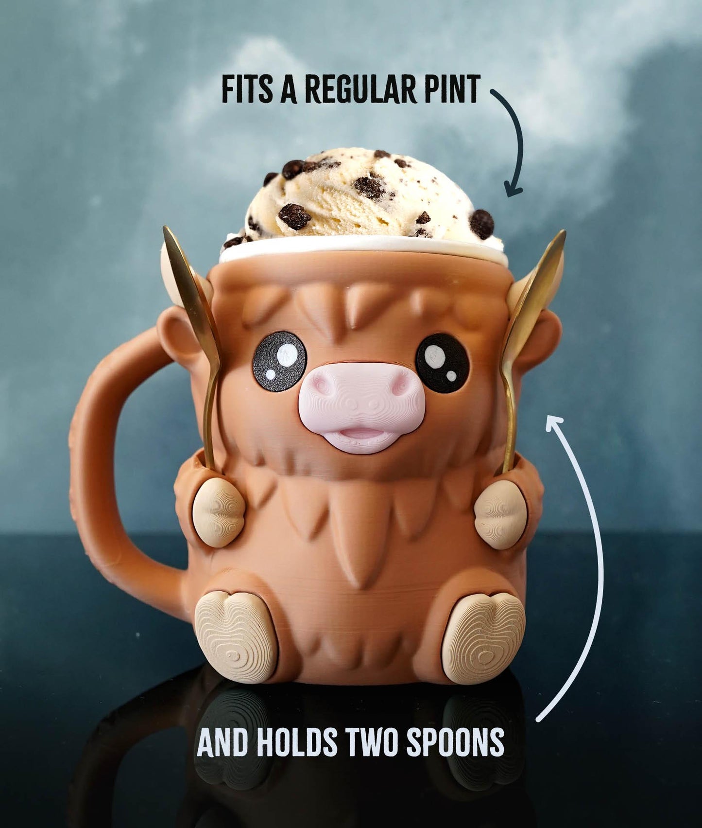Ferdinand, the Highland Cow Ice Cream Pint Holder | Eco Friendly 3D Printed Pint Cozy with Spoon Slots | Cute Cat Gift for Ice Cream Lovers