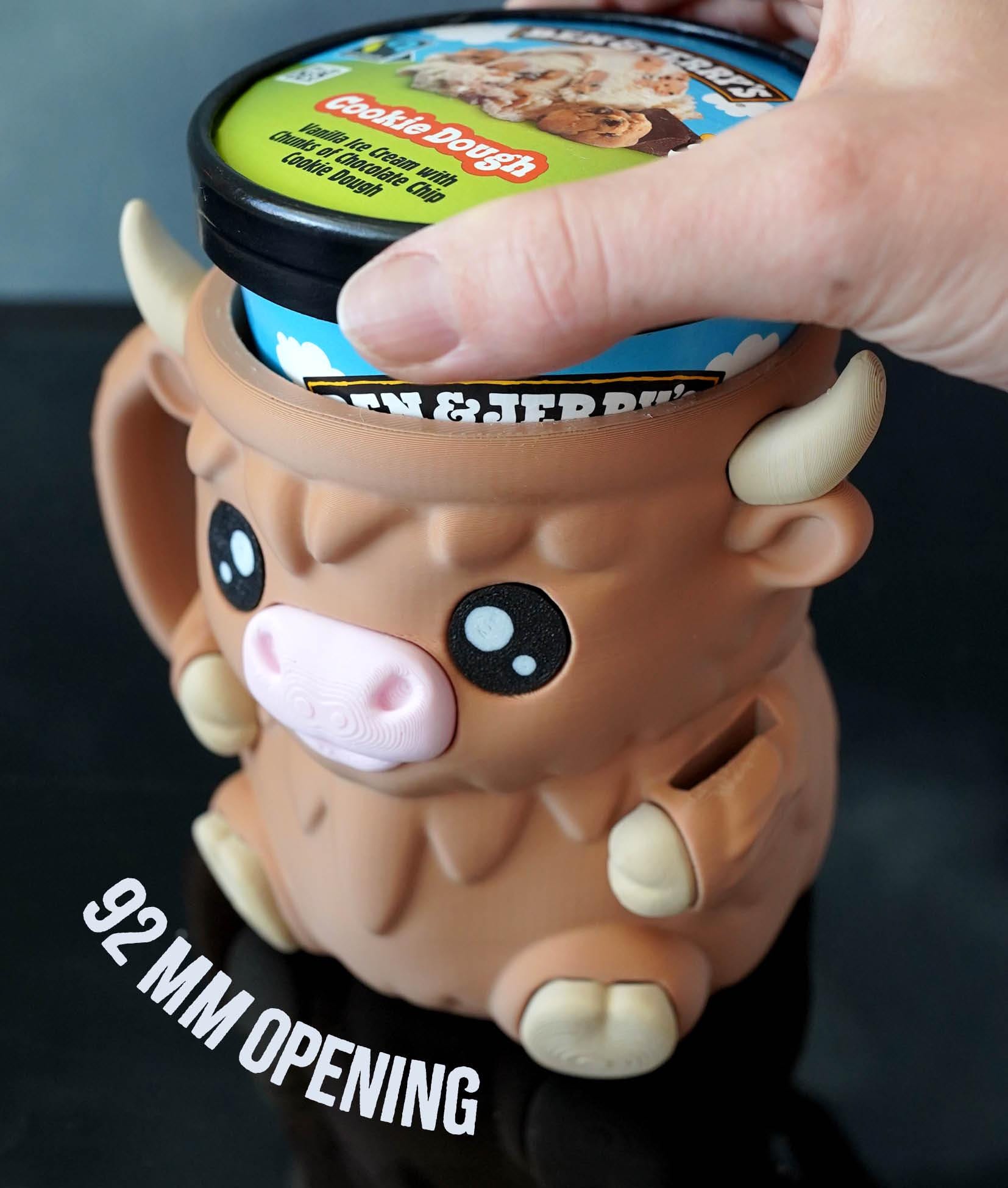 Ferdinand, the Highland Cow Ice Cream Pint Holder | Eco Friendly 3D Printed Pint Cozy with Spoon Slots | Cute Cat Gift for Ice Cream Lovers
