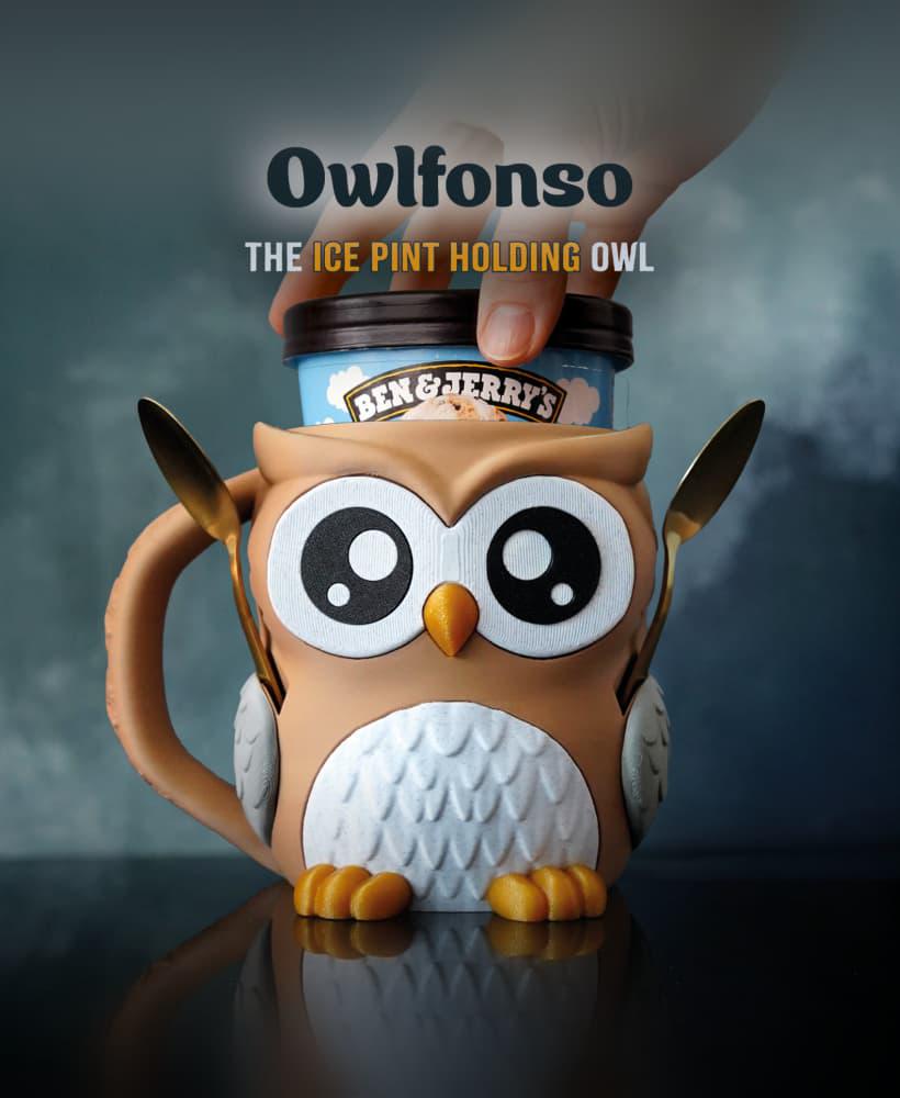 Owlfonso the Owl Ice Cream Pint Holder | Eco Friendly 3D Printed Pint Cozy with Spoon Slots | Cute Owl Gift for Ice Cream Lovers