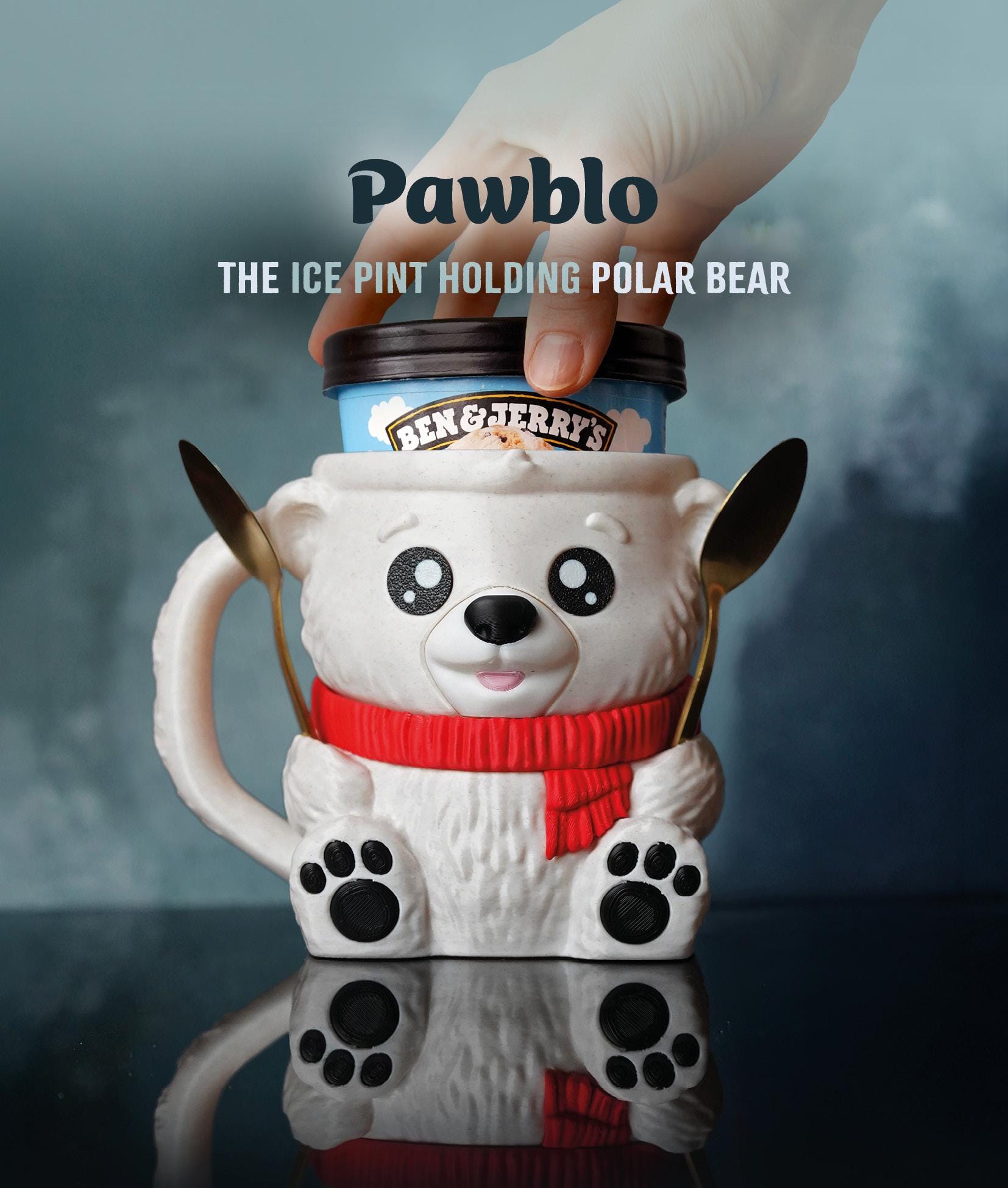 Pawblo , the Polar Bear Ice Cream Pint Holder | Eco Friendly 3D Printed Pint Cozy with Spoon Slots | Cute Cat Gift for Ice Cream Lovers
