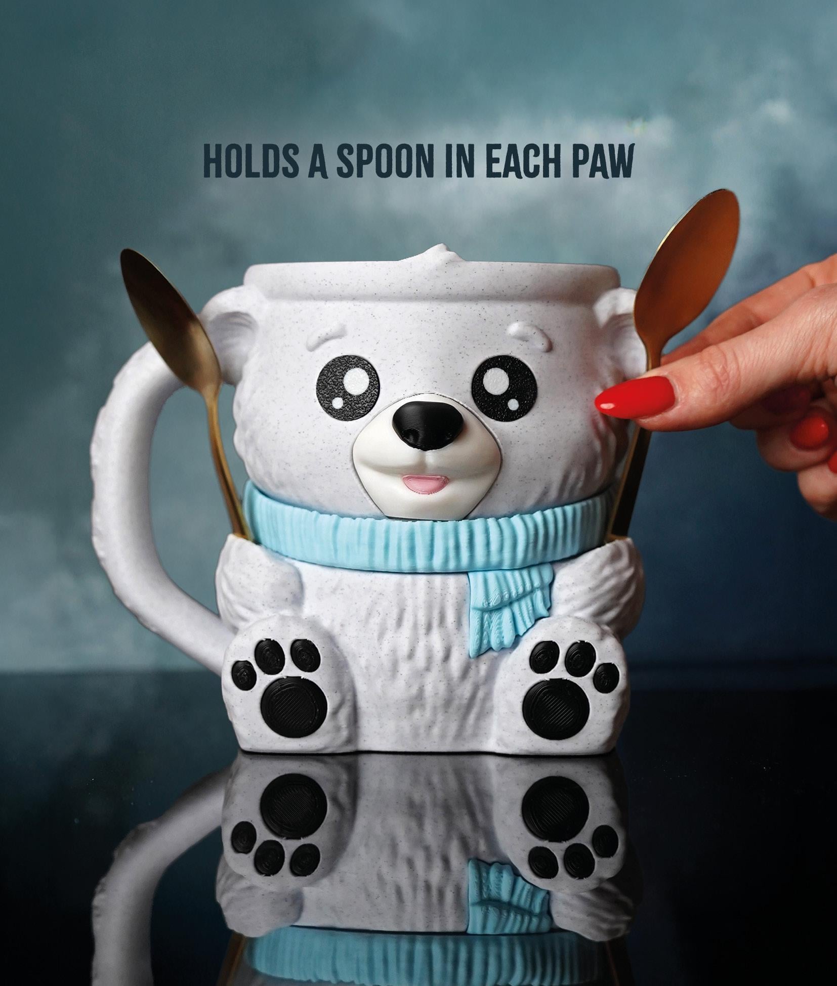 Pawblo , the Polar Bear Ice Cream Pint Holder | Eco Friendly 3D Printed Pint Cozy with Spoon Slots | Cute Cat Gift for Ice Cream Lovers