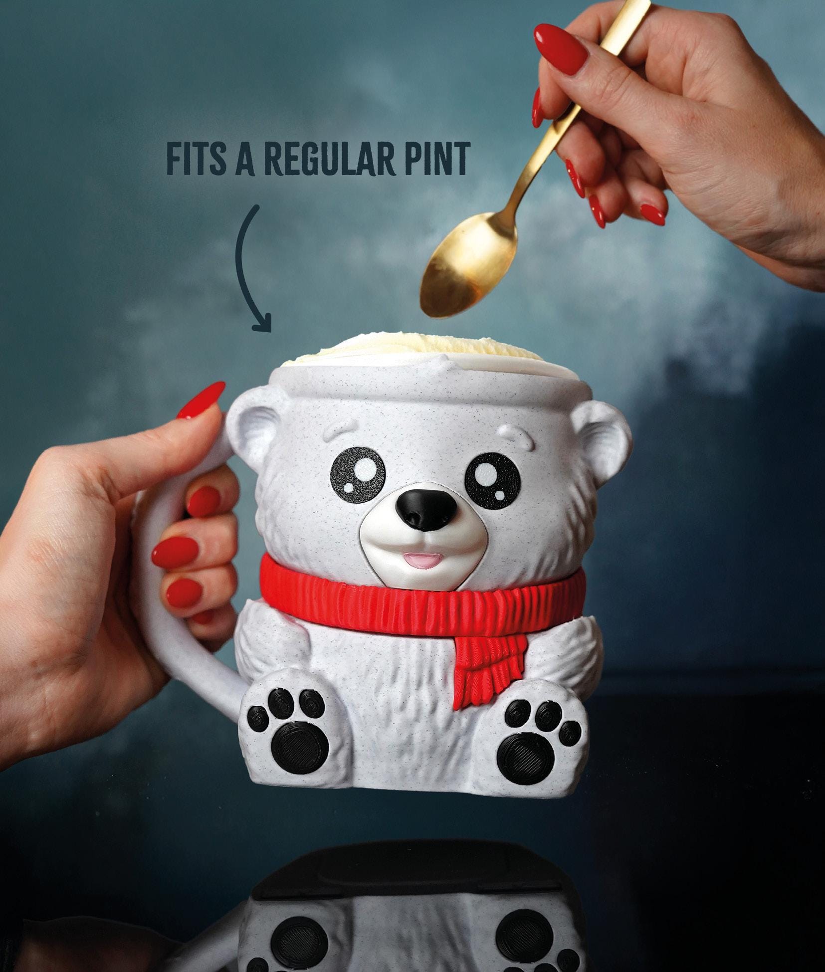 Pawblo , the Polar Bear Ice Cream Pint Holder | Eco Friendly 3D Printed Pint Cozy with Spoon Slots | Cute Cat Gift for Ice Cream Lovers