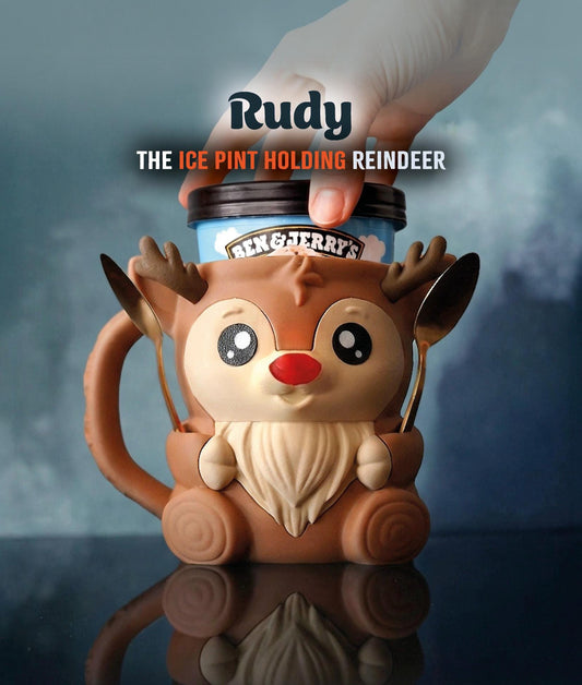 Rudy , the Ice pint Holding Reindeer Eco Friendly 3D Printed Pint Cozy with Spoon Slots | Cute Gift for Ice Cream Lovers