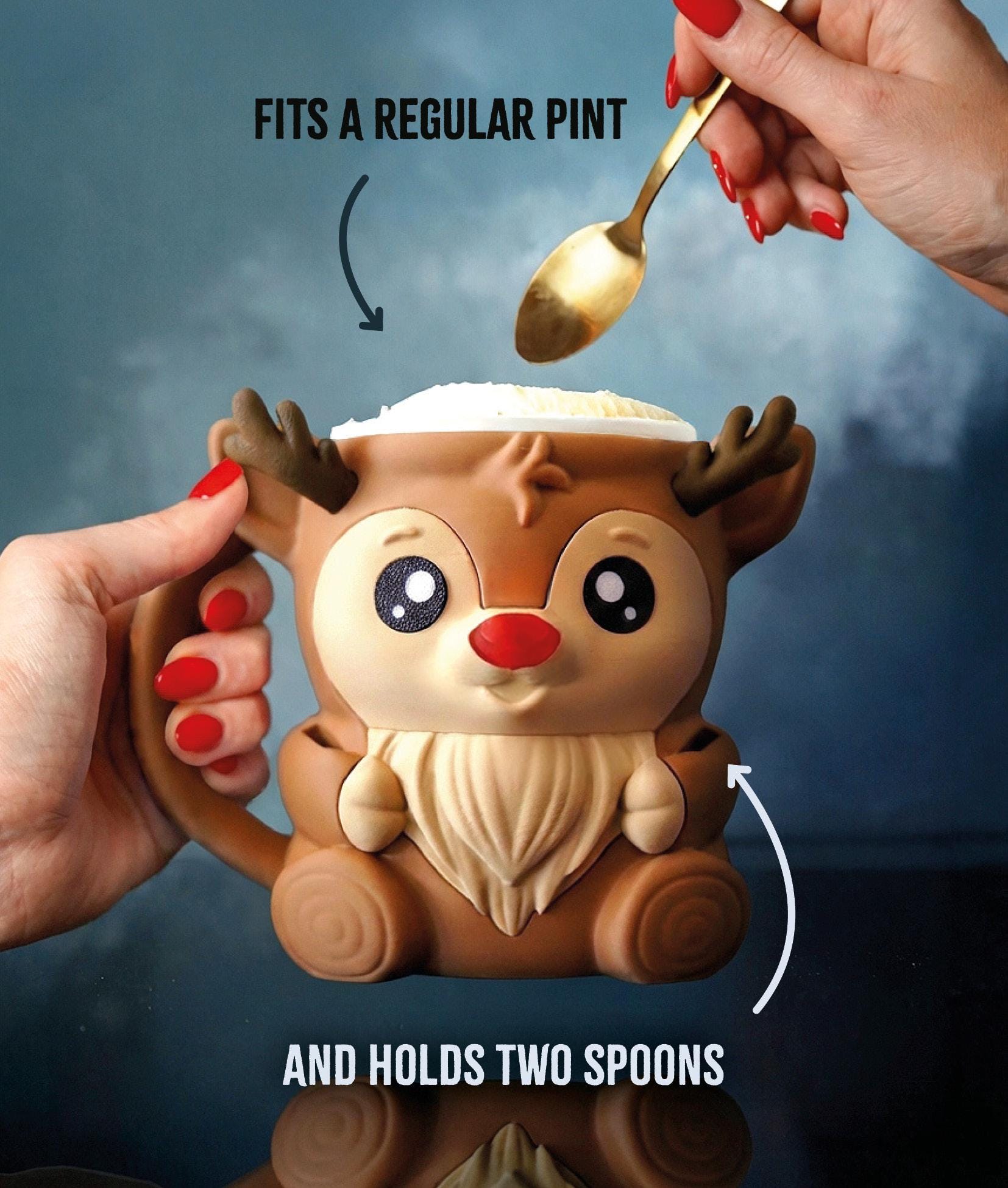 Rudy , the Ice pint Holding Reindeer Eco Friendly 3D Printed Pint Cozy with Spoon Slots | Cute Gift for Ice Cream Lovers
