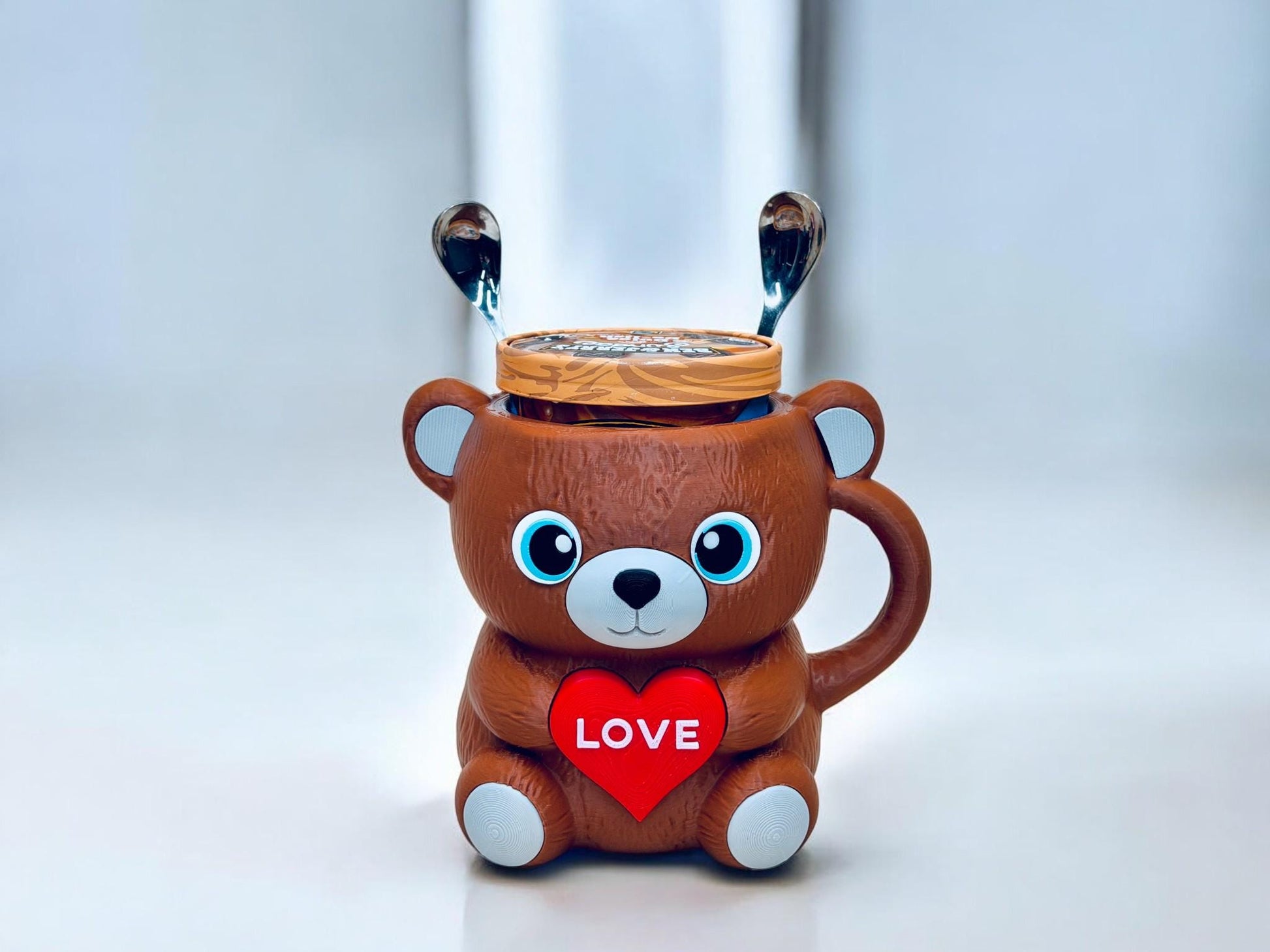 Pawblo , the Bear valentine Ice Cream Pint Holder | Eco Friendly 3D Printed Pint Cozy with Spoon Slots | Cute Cat Gift for Ice Cream Lovers