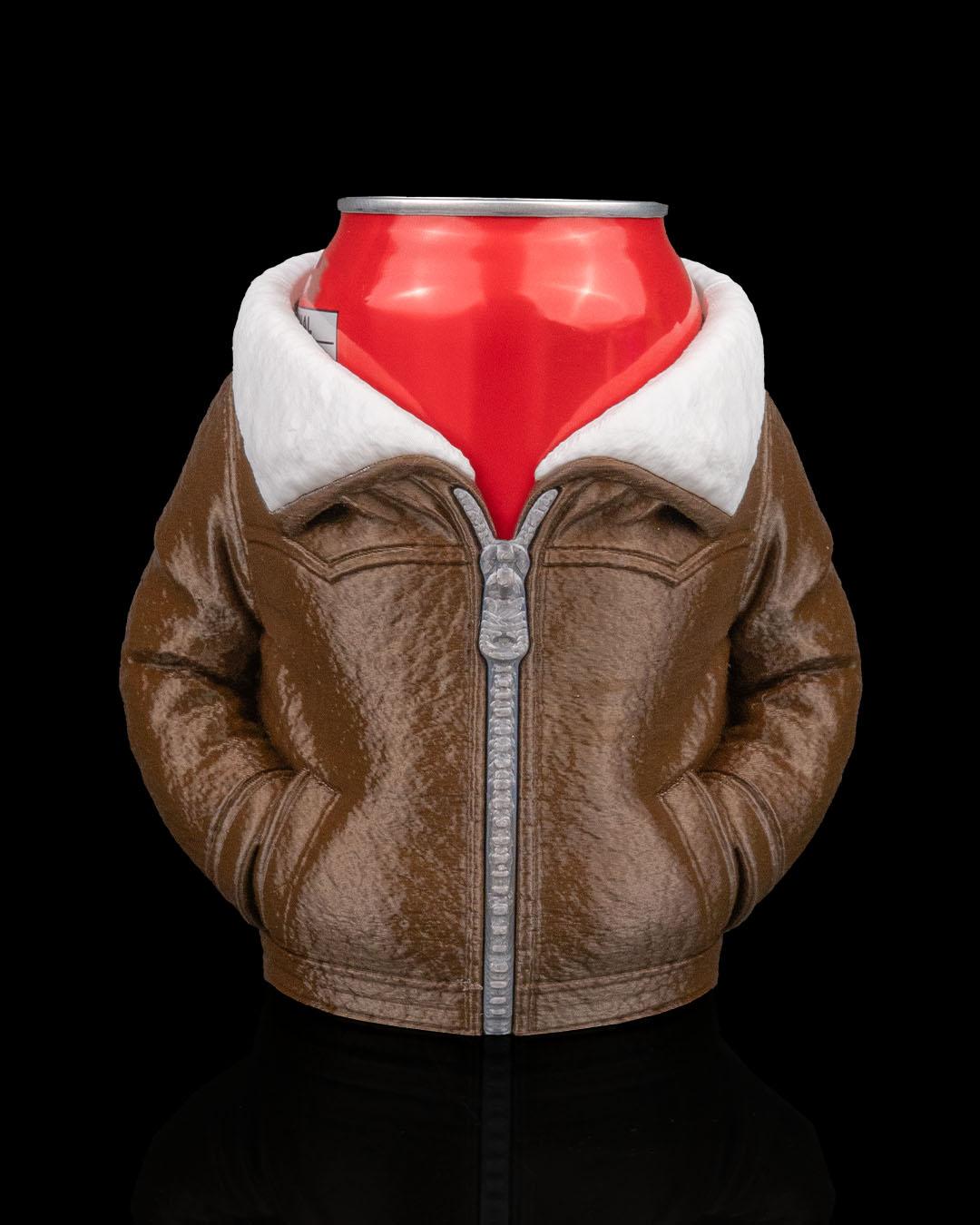 Leather Jacket Can Holder – 3D Printed Leather Jacket Can Sleeve, Cozy Drink Holder, Funny Gift for Him & Her