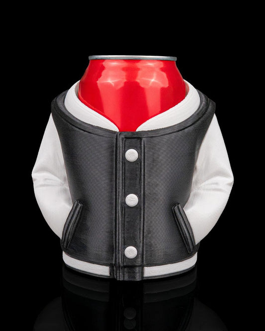 Varsity Jacket Can Holder – 3D Printed Varsity Jacket Can Sleeve, Cozy Drink Holder, Funny Gift for Him & Her