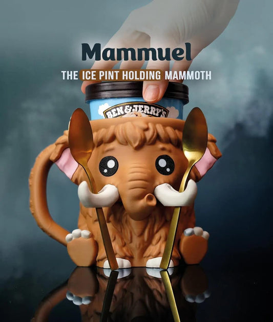 Mammuel Mammoth Ice Cream Pint Holder | Eco Friendly 3D Printed Pint Cozy with Spoon Slots | Cute Cat Gift for Ice Cream Lovers