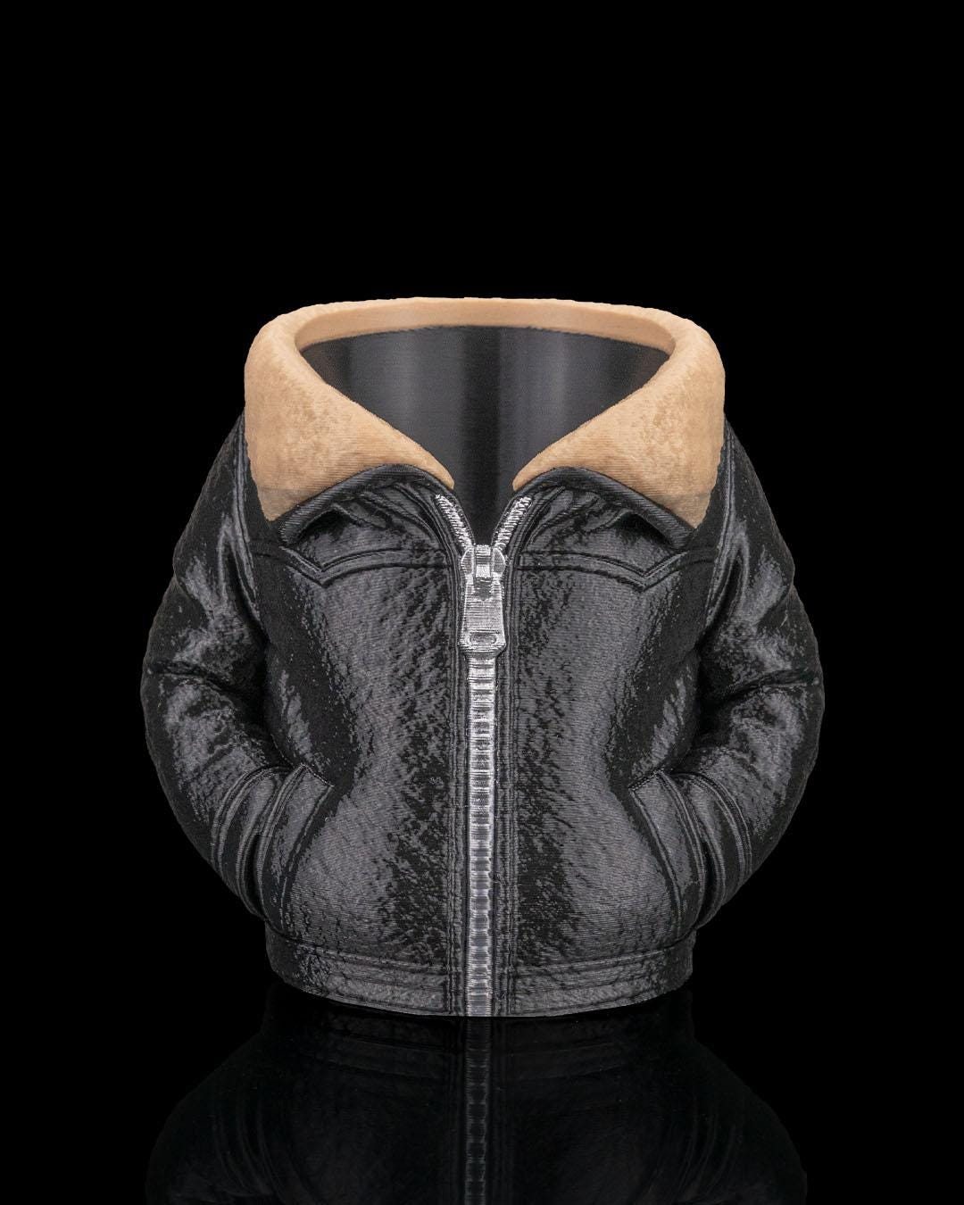 Leather Jacket Can Holder – 3D Printed Leather Jacket Can Sleeve, Cozy Drink Holder, Funny Gift for Him & Her