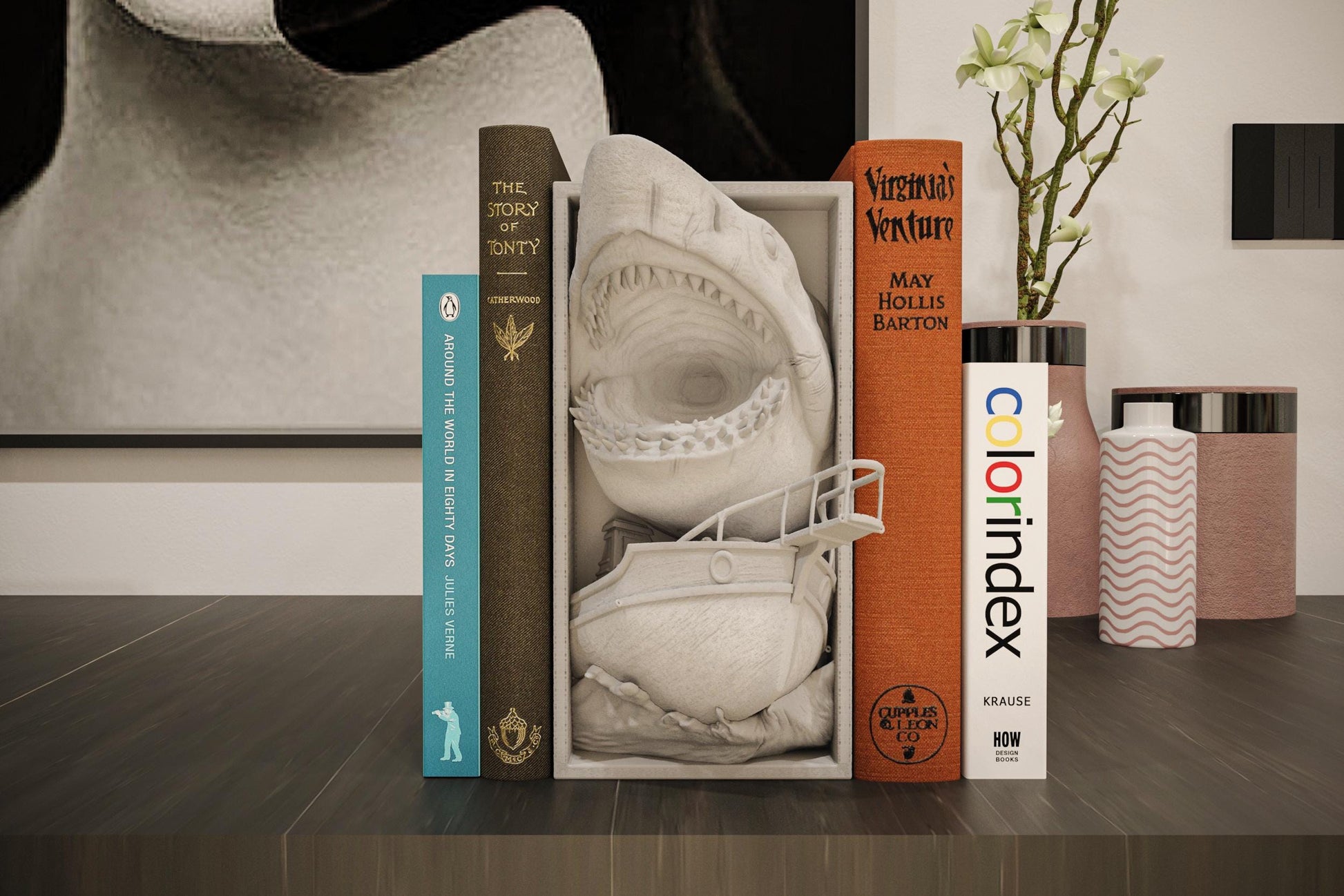 Great White Shark Book Nook | Ocean Horror Bookshelf Insert 3D Printed