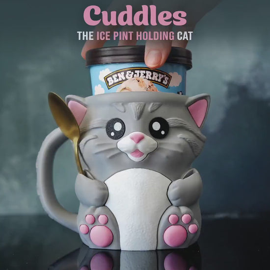 Cuddies the Cat Ice Cream Pint Holder | Eco Friendly 3D Printed Pint Cozy with Spoon Slots | Cute Cat Gift for Ice Cream Lovers