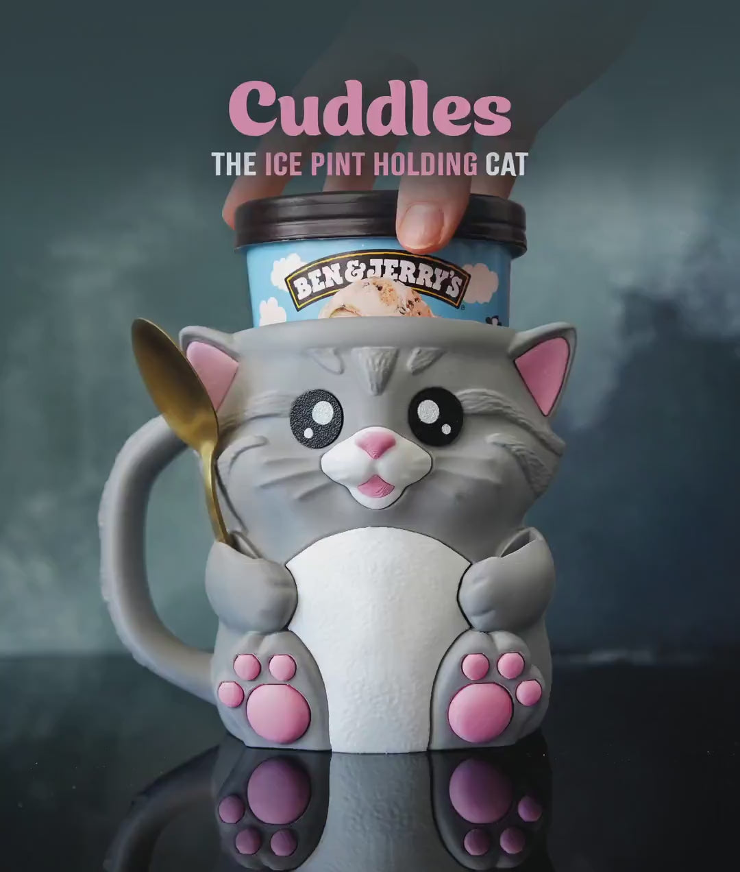Cuddies the Cat Ice Cream Pint Holder | Eco Friendly 3D Printed Pint Cozy with Spoon Slots | Cute Cat Gift for Ice Cream Lovers