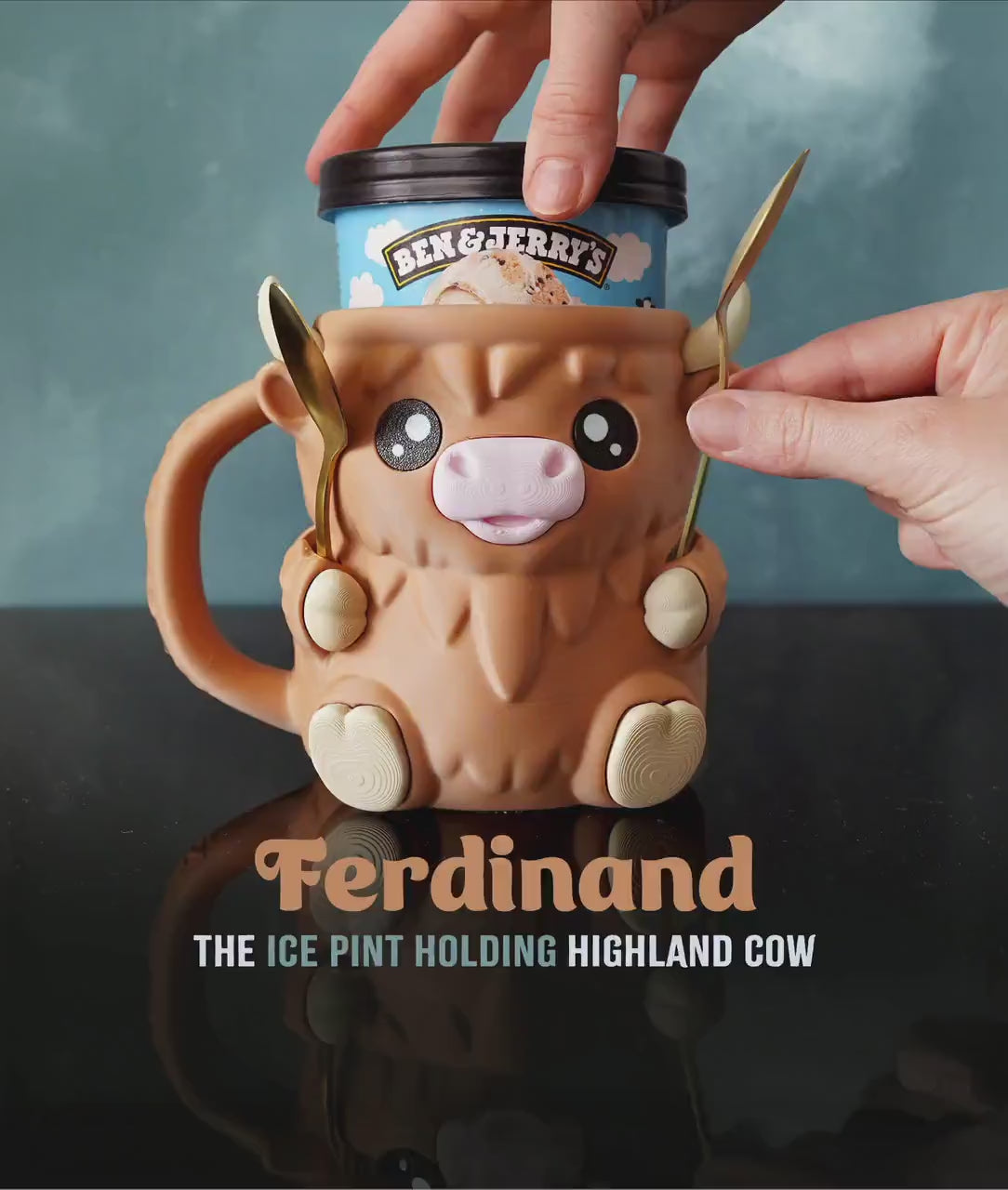 Ferdinand, the Highland Cow Ice Cream Pint Holder | Eco Friendly 3D Printed Pint Cozy with Spoon Slots | Cute Cat Gift for Ice Cream Lovers